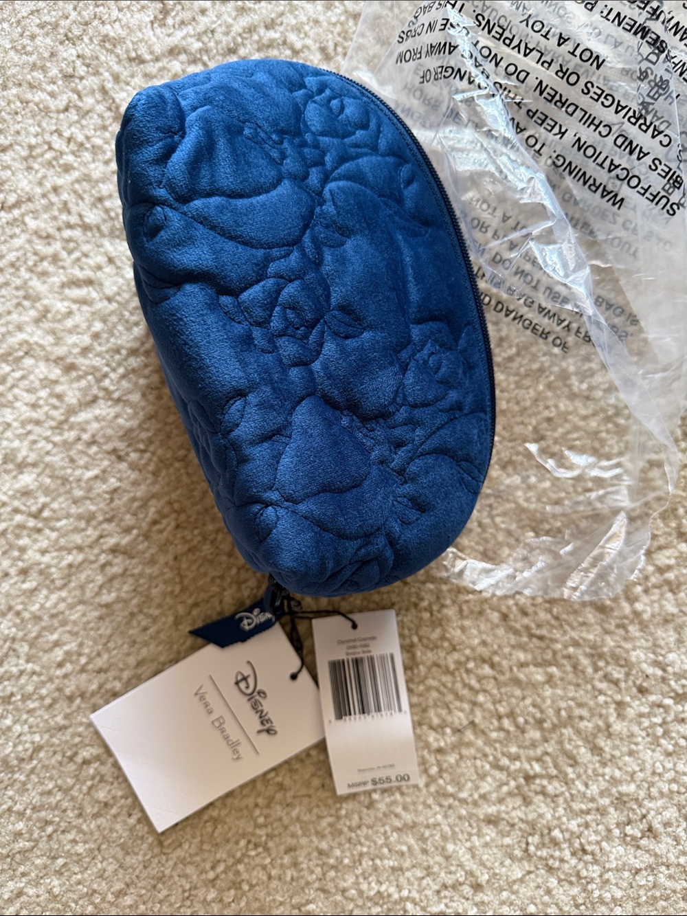 Vera Bradley Quilted Navy Blue Velvet Cosmetic Pouch Belle Disney Rose